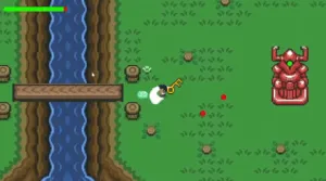 Boy swiinging a sword at a slime