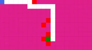 Picture of a grid of squares showcasing a path solved by the A Star algorithm
